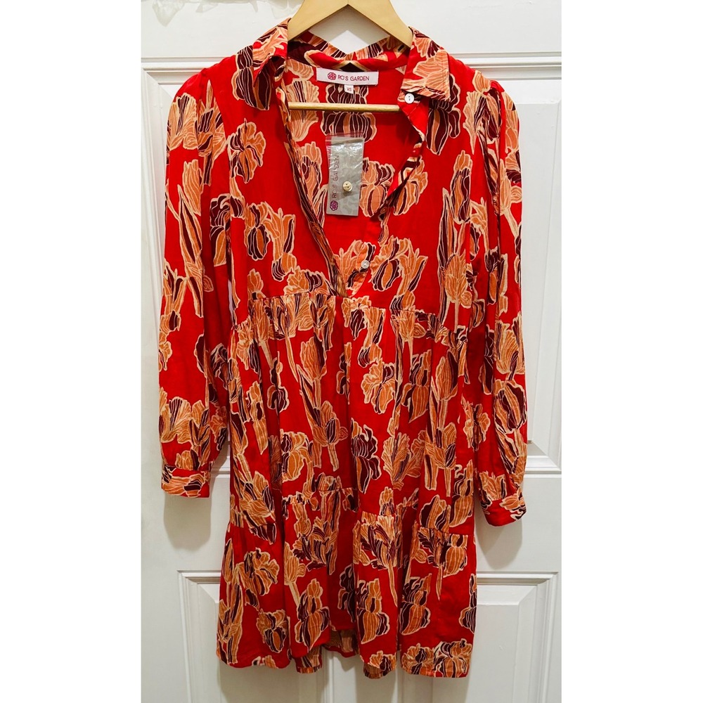 RO'S GARDEN Scarlet Tulip Print Short Dress XS‎ Button Front Tiered Long Sleeve